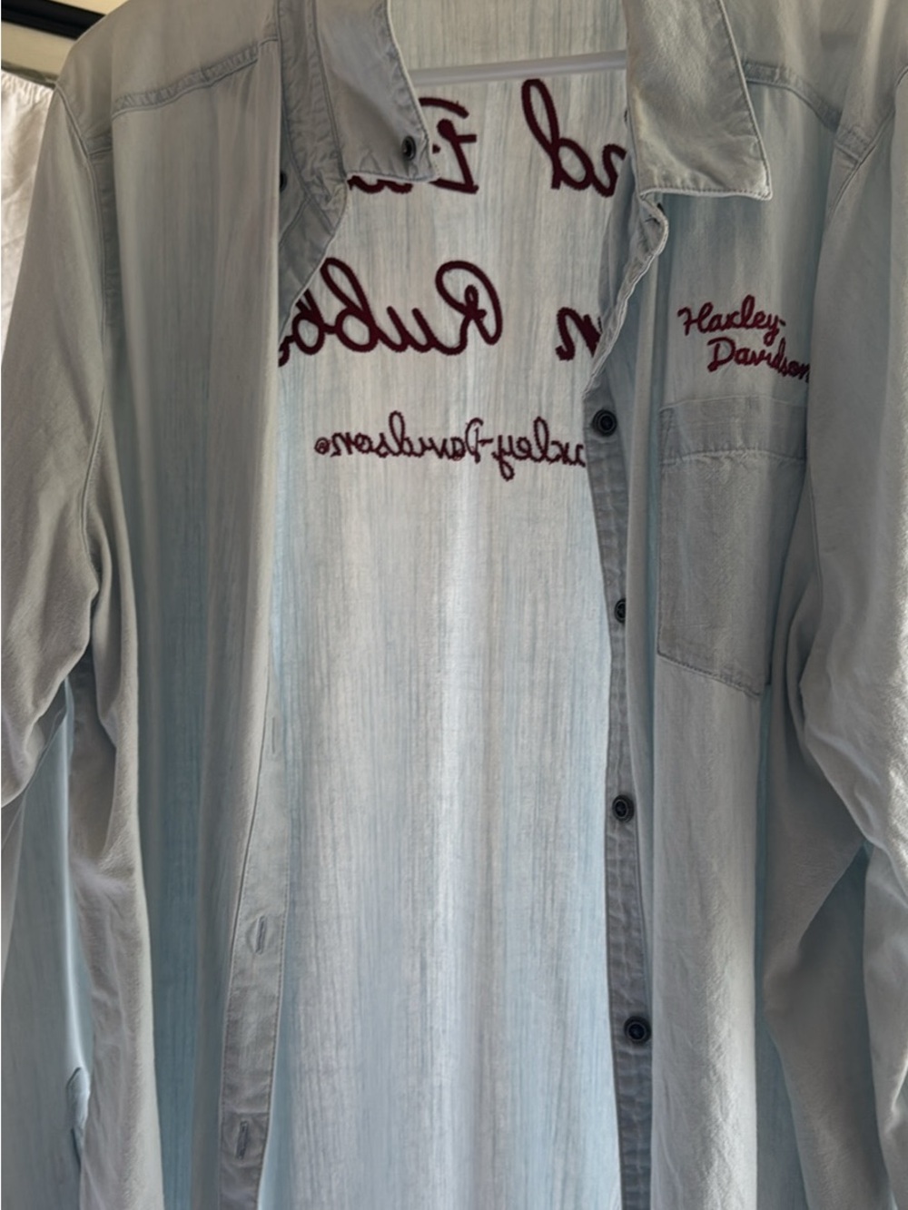 Harley-Davidson Light Blue Button-Down Denim Shirt with Burgundy Script